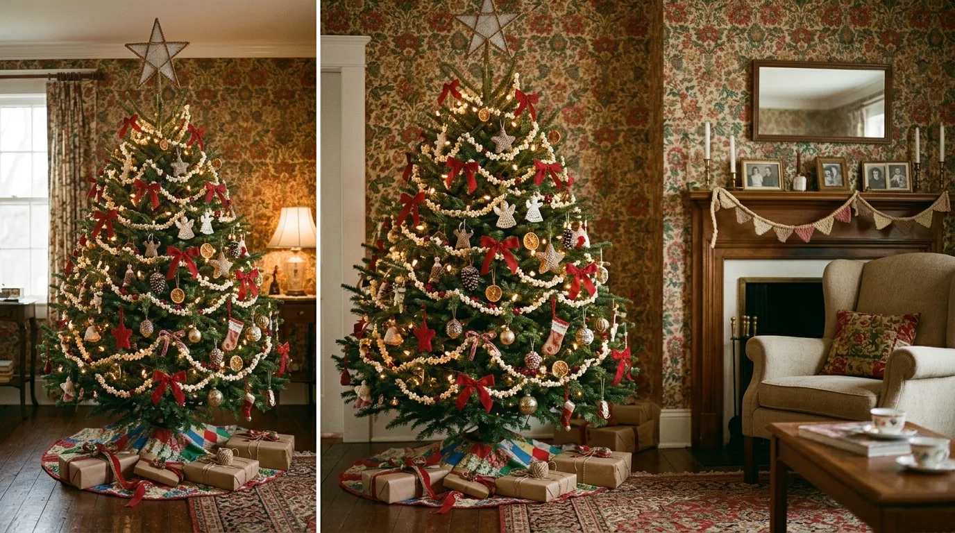 Classic Christmas tree with popcorn garland and handmade ornaments.